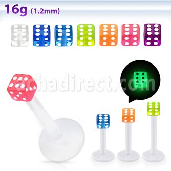 albgld3 bio flex labret w 3mm glow in the dark acrylic dice