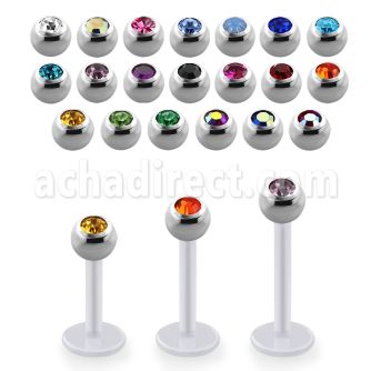 albjb4 bio flex labret w 4mm steel balls w bezel set crystal