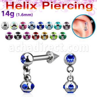 bber44b 316l steel helix barbell w ball cone dangling crystal