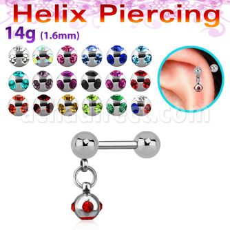 bber46b 316l steel helix barbell w dangling jewel ball