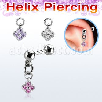 bber76 steel helix barbell w dangling flower w prong set czs