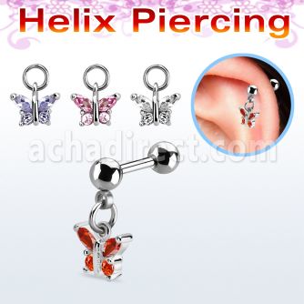 bber81 316l steel helix barbell w 4mm ball dangling butterfly