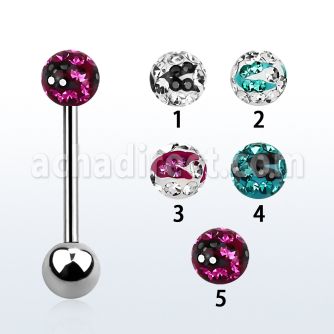 bbfr5c 316l steel tongue barbell w 5mm multi crystal zebra ball