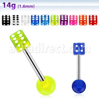bbuvdi 316l steel tongue barbell with a 5mm acrylic uv dice