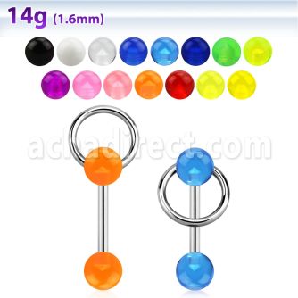 bbuvsl 316l steel tongue barbell w uv dice top w slave ring