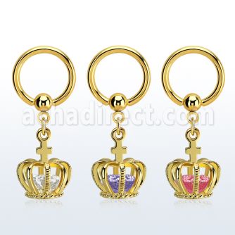 bcrtgz6 gold plated 316l steel bcr, 14g w dangling crown w cz
