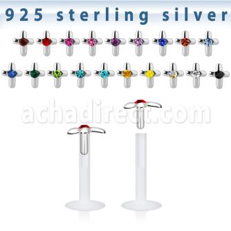 bilbcj bio flex labret with silver cross top w central crystal