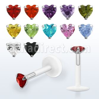 bilbhz bio flex labret with a 3mm prong set heart cz stone