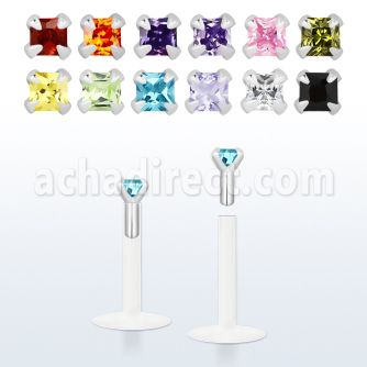 bilbqz bio flexible labret with prong set 2mm square cz stone