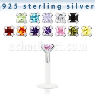 bilq3 bioflex labret w silver top w square 3mm prong set cz