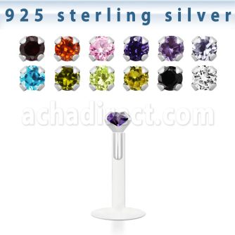 bilz25m bioflex labret w sterling silver top w prong cz