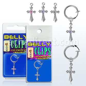 blcpz379 fake belly clip w dangling vintage cross with cz center