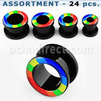 blk240 black acrylic flesh tunnel plug with gay pride logo