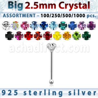 blk527 silver nose bones with 2 5mm round prong set crystal