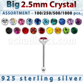 blk533 bulk of silver nose bones with 2 5mm round crystal top