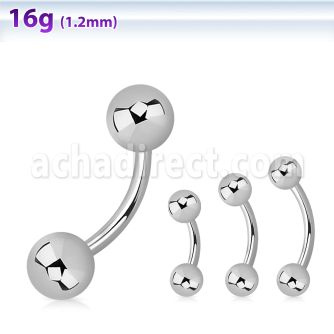 bneb4 316l steel eyebrow banana, 16g (1.2mm) w 2 4mm balls