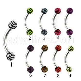 bnedxj 316l steel eyebrow banana with 3mm zebra striped ball