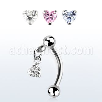 bnerv6 316l steel eyebrow banana w 3mm ball heart prong cz
