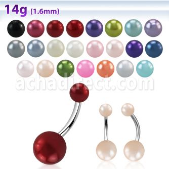 bnprb 316l steel belly banana with two faux pearl balls