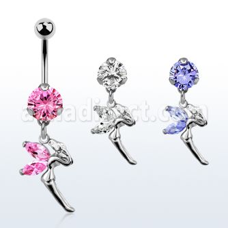 bnrz103 casted steel cz belly banana w fairy design w cz wings