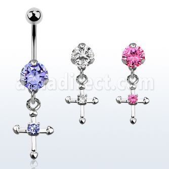 bnrz14 casted steel cz belly banana w cross w central round cz