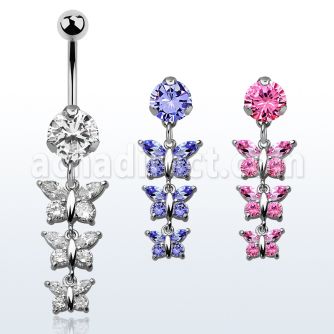 bnrz289 casted steel cz belly banana w chain of 3 cz butterflies
