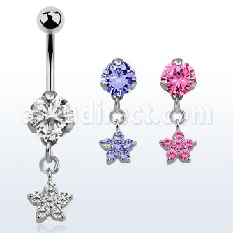 bnrz324 casted steel cz belly banana w dangling small cz flower
