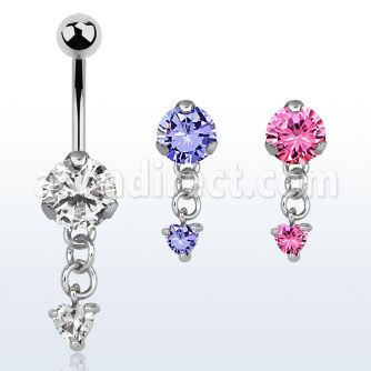 bnrz337 casted steel cz belly banana w dangling heart shaped cz