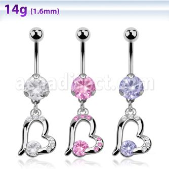 bnrz362 casted steel cz belly banana w heart w a prong set cz