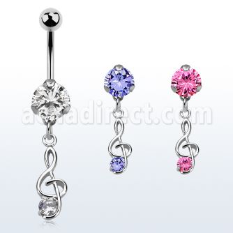 bnrz370 casted steel cz belly banana w musical note w round cz