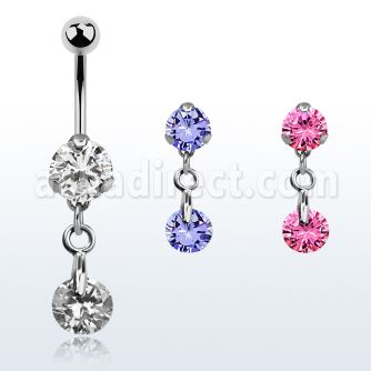 bnrz372 casted steel cz belly banana w dangling round cz stone