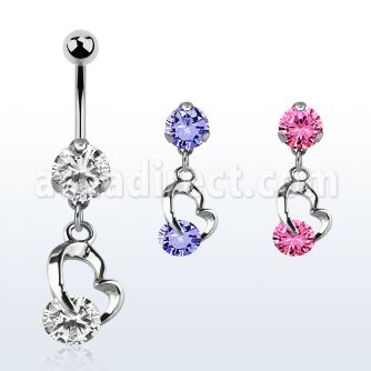 bnrz377 casted steel cz belly banana w heart design w round cz