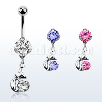 bnrz378 casted steel cz belly banana w lady cat design round cz