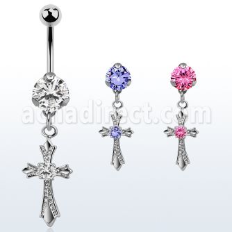bnrz379 casted steel cz belly banana w vintage style cross w cz