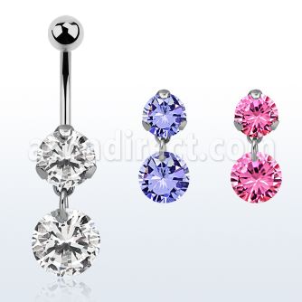 bnrz407 casted steel cz belly banana w dangling 8mm round cz