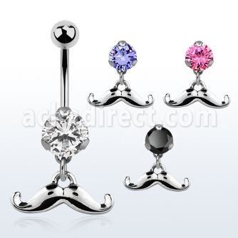 bnrz517 casted steel cz belly banana w up turned mustache design