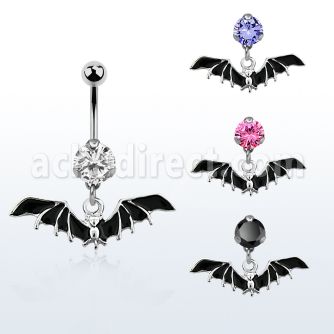 bnrz569 casted steel cz belly banana w dangling black bat