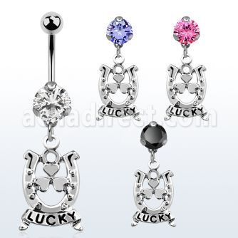 bnrz572 casted steel cz belly banana w horseshoe w lucky banner