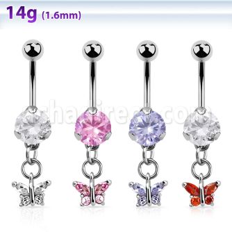 bnrz589 casted steel cz belly banana w small butterfly w cz