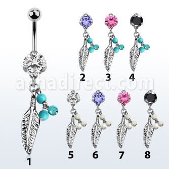 bnrz601b casted steel cz belly banana w feather faux turquoise