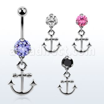 bnrz632 casted steel cz belly banana w plain anchor design