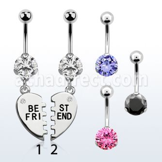 bnrz686 casted steel cz belly banana w best friends dangling