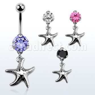 bnrz727 casted steel cz belly banana w dangling plain starfish