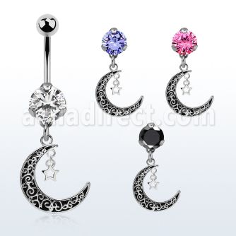 bnrz730c casted steel cz belly banana w vintage moon single star