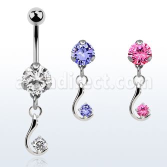 bnrz730z casted steel cz belly banana w dangling single cz