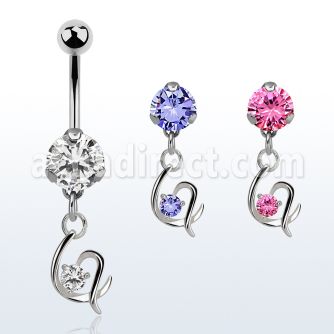 bnrz731 casted steel cz belly banana w fancy heart w single cz