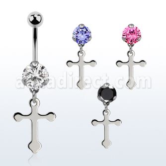 bnrz756 casted steel cz belly banana w dangling plain cross