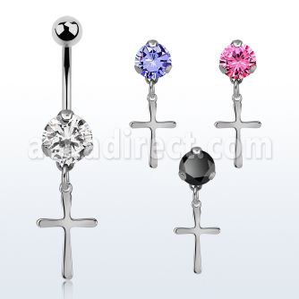 bnrz757 casted steel cz belly banana w plain small steel cross