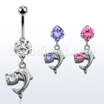 bnrz7x casted steel cz belly banana w small dolphin w round cz