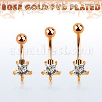 bnttstz rose gold steel belly banana w star shaped prong set cz